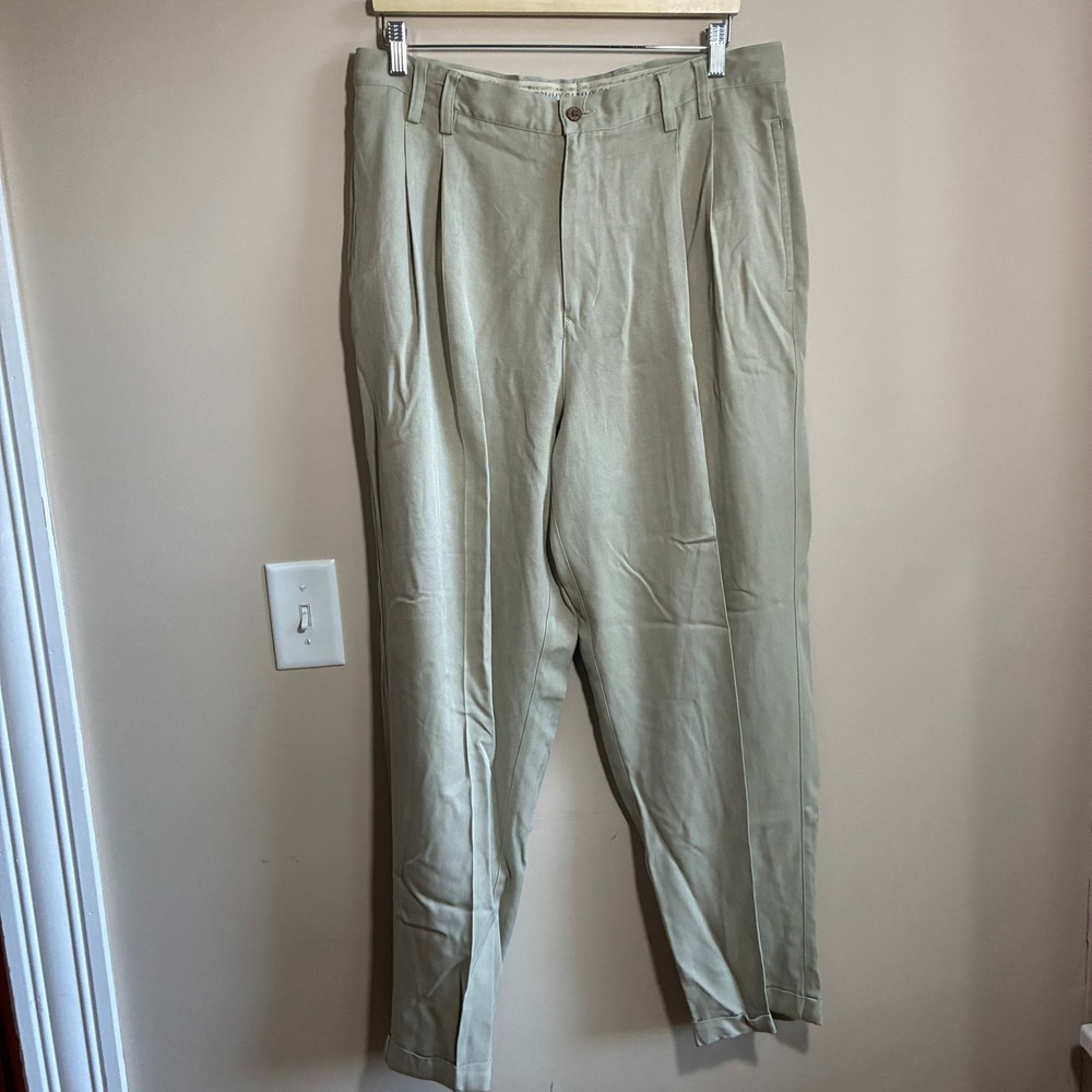 Tommy Bahama Relax Pleated Silk Trousers 35 Khaki Mens Herringbone Cuffed